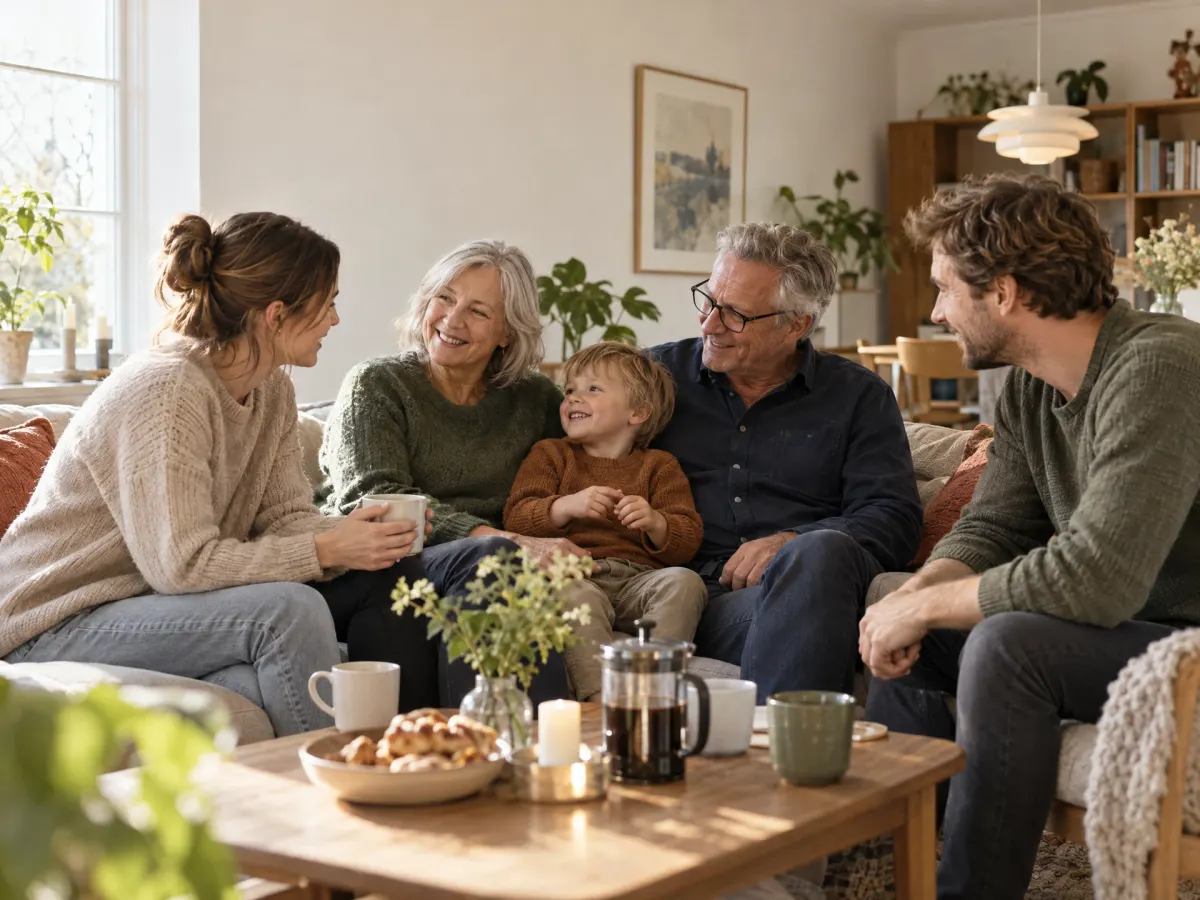 Familie samles omkring et bord i et hjem