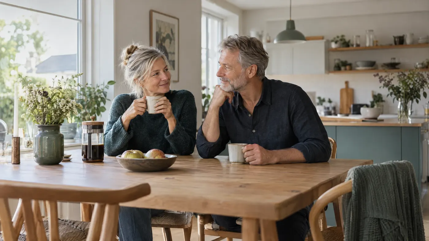 Marianne og Peter nyder en rolig stund ved køkkenbordet