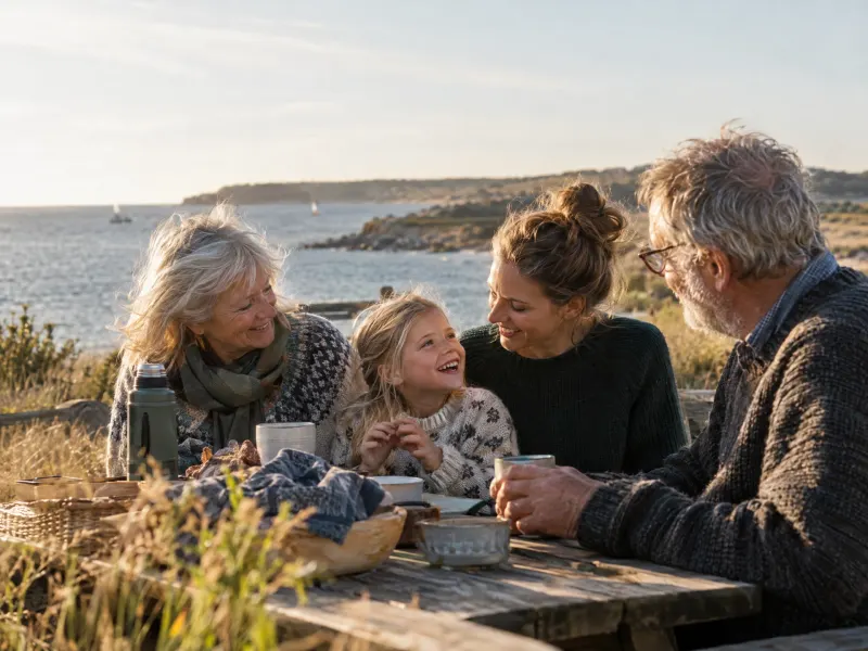 Familie nyder frokost ved den danske kyst